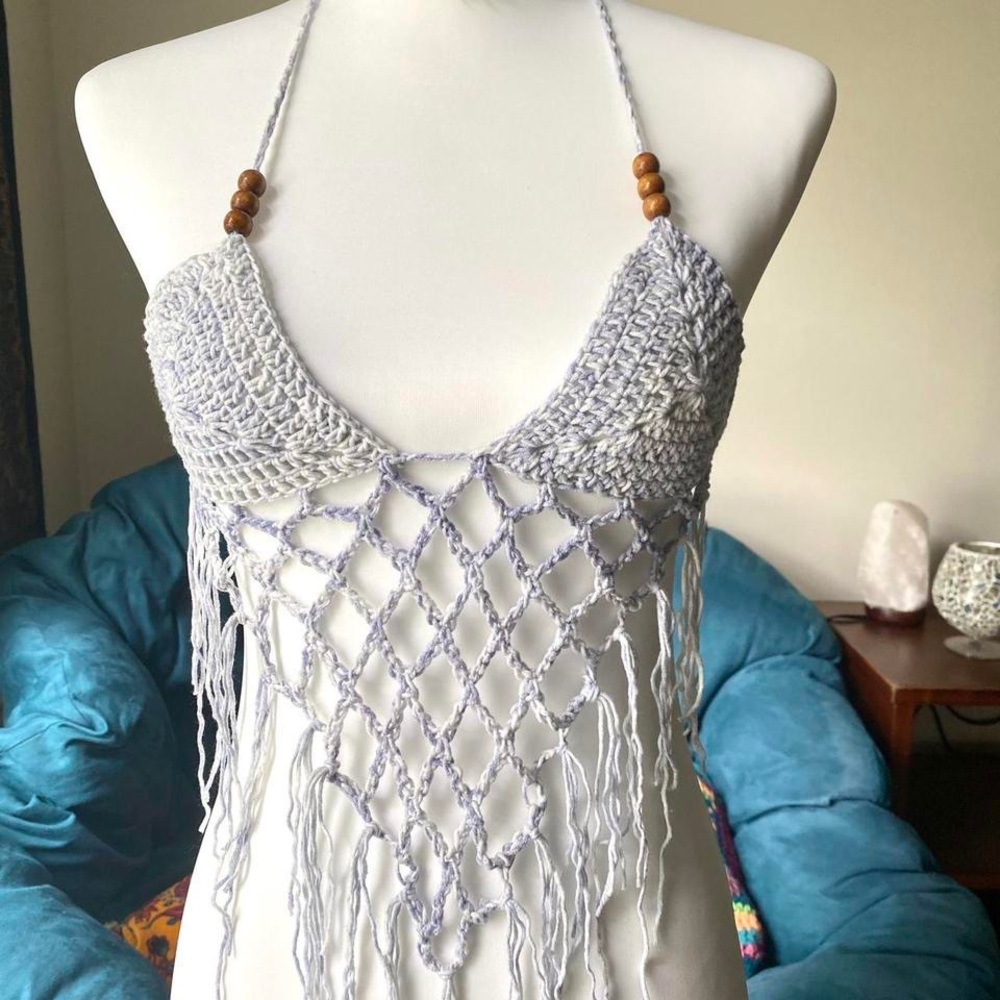 Pastel Blue Crochet Halter Top with Fringe
